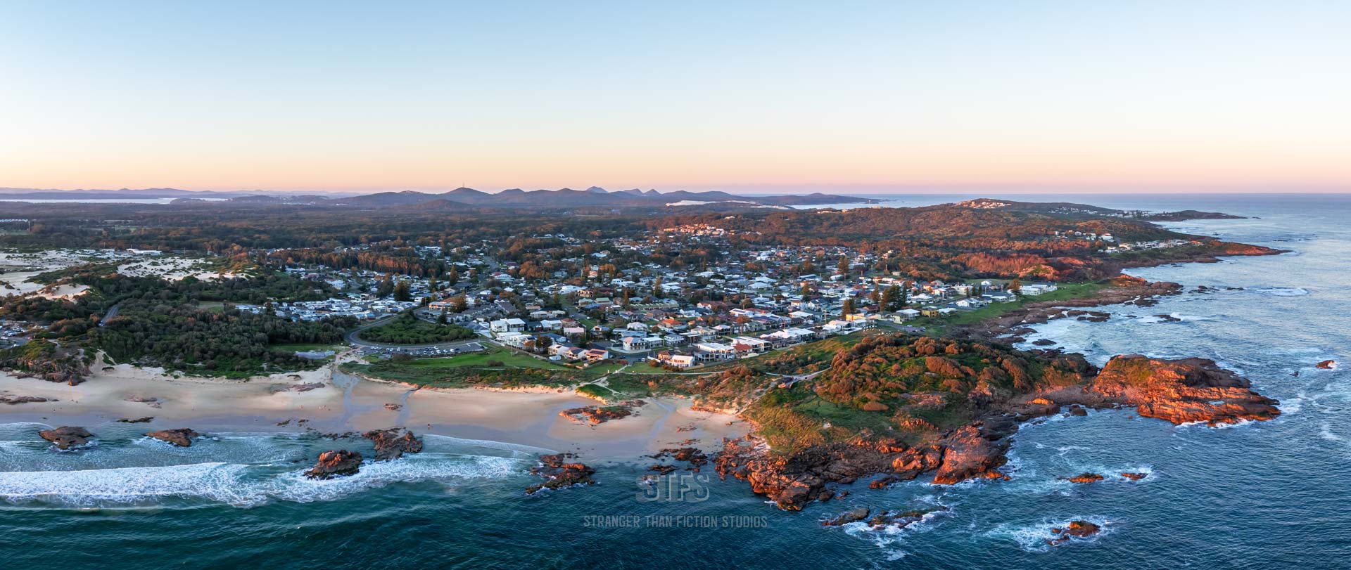 Panoramic Drone Image Of Anna Bay In Port Stephens, Taken From Birubi Beach At Sunset.