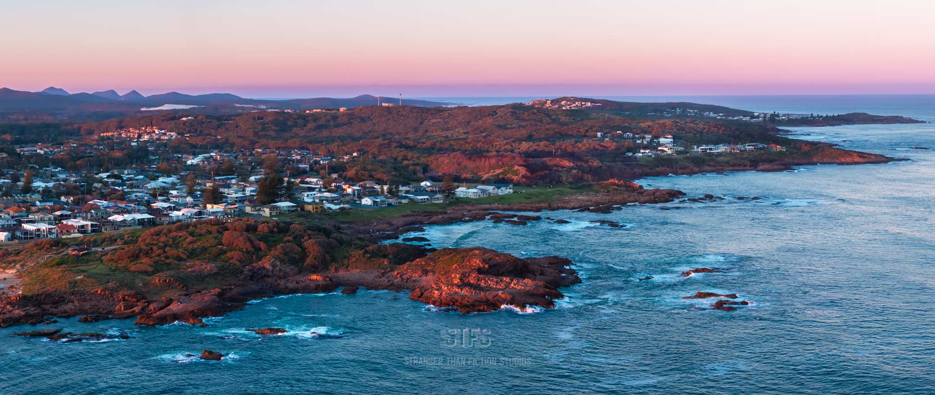 Panoramic Drone Image Of Anna Bay's Rocky Shorline At Birubi Beach In Port Stephens NSW.