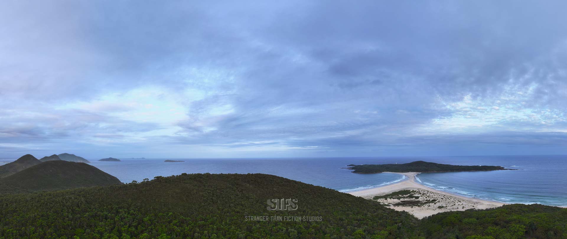 Panoramic Drone Image Of The Fingal Spit And Surrounding Headlands In Port Stephens NSW