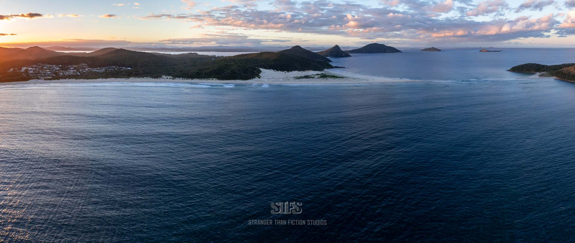 Panoramic Drone Image Of Fingal Bay And Fingal Island. Taken At Sunset In Port Stephens NSW