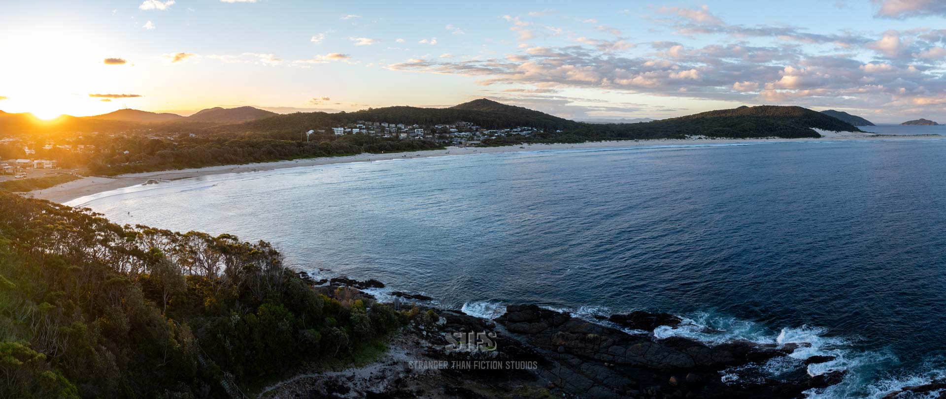 Panoramic Drone Image Of Colorful Sky And Sunset Over Fingal Bay In Port Stephens NSW