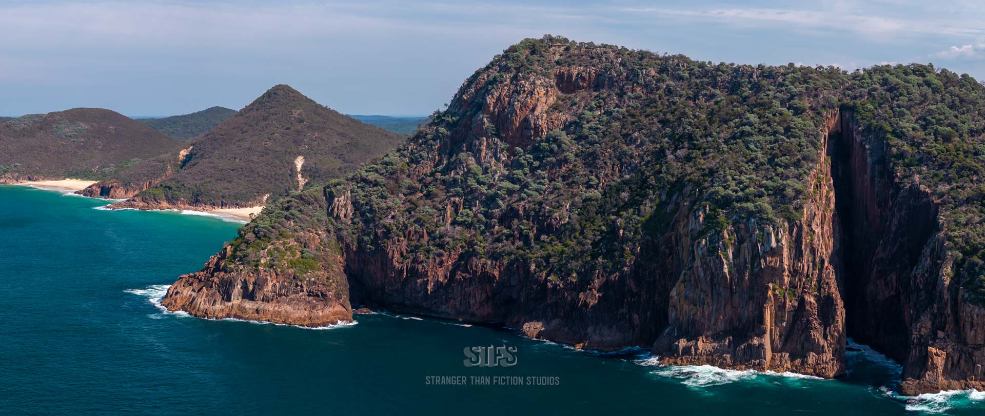 Panoramic Drone Image Of Tomaree Headland, Zenith Beach, Wreck Beach, Box Beach & Fingal Island.