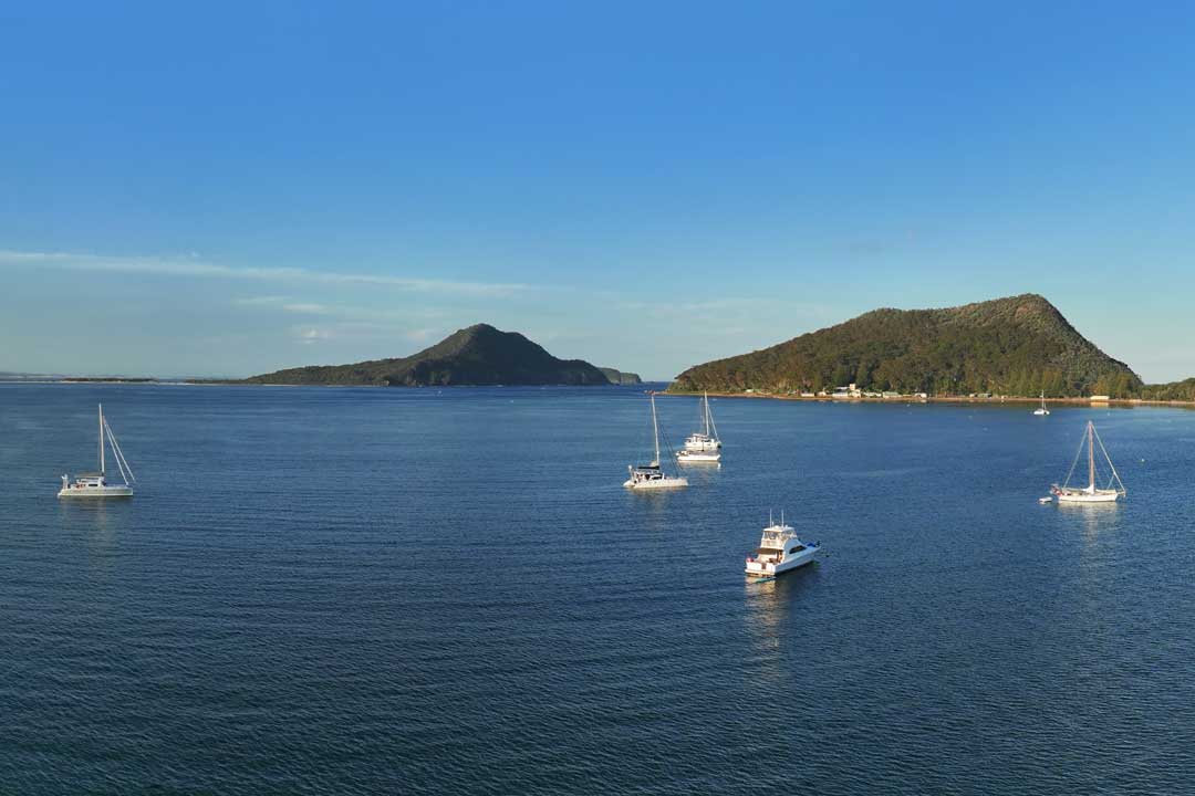 Drone Image Of Boats Moored In Shoal Bay Port Stephens.